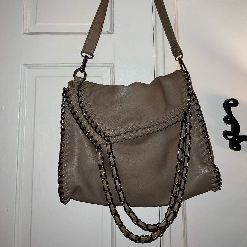 Taupe faux leather convertible carrying tote